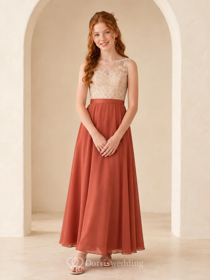 Elegantes, orangefarbenes Brautjungfernkleid im A-Linien-Stil mit Strasssteinen, kurzen Ärmeln und Spitze