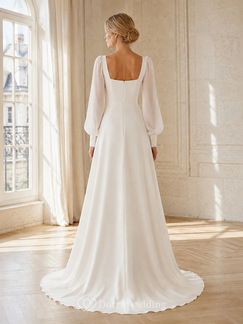 Robe de mariée carrée à manches longues plissées en mousseline, coupe trapèze, traîne simple view 2
