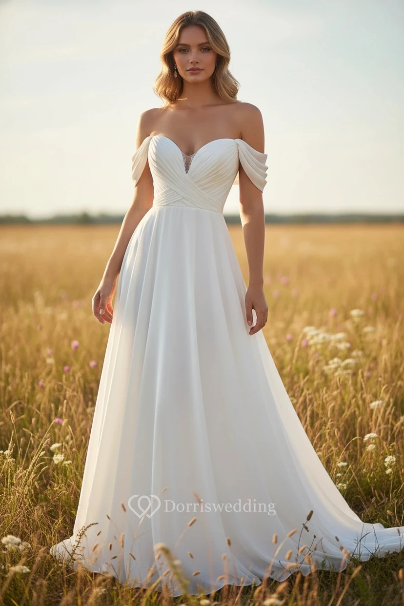Simple Chiffon Sweetheart Criss-cross Wedding Dress with Flowing Skirt