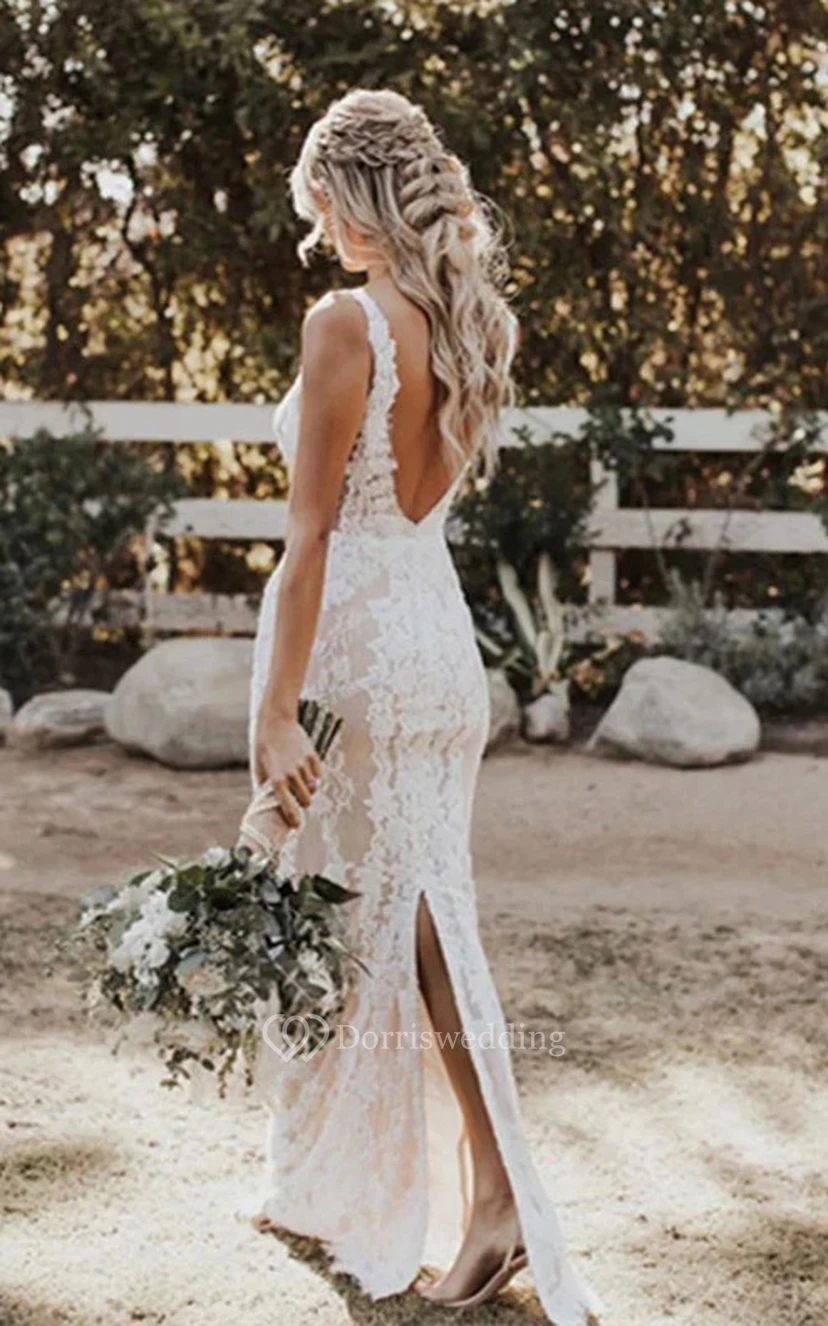 Sexy Boho Strand Spitzen-Etui-Hochzeitskleid mit tiefem V-Ausschnitt view 2