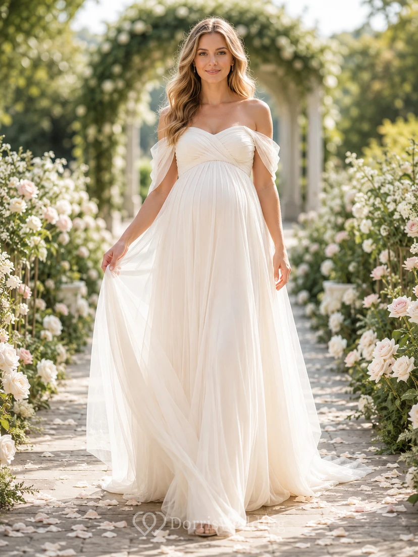 Umstands-Brautkleid aus Tüll mit schulterfreiem Empire-Stil und A-Linie
