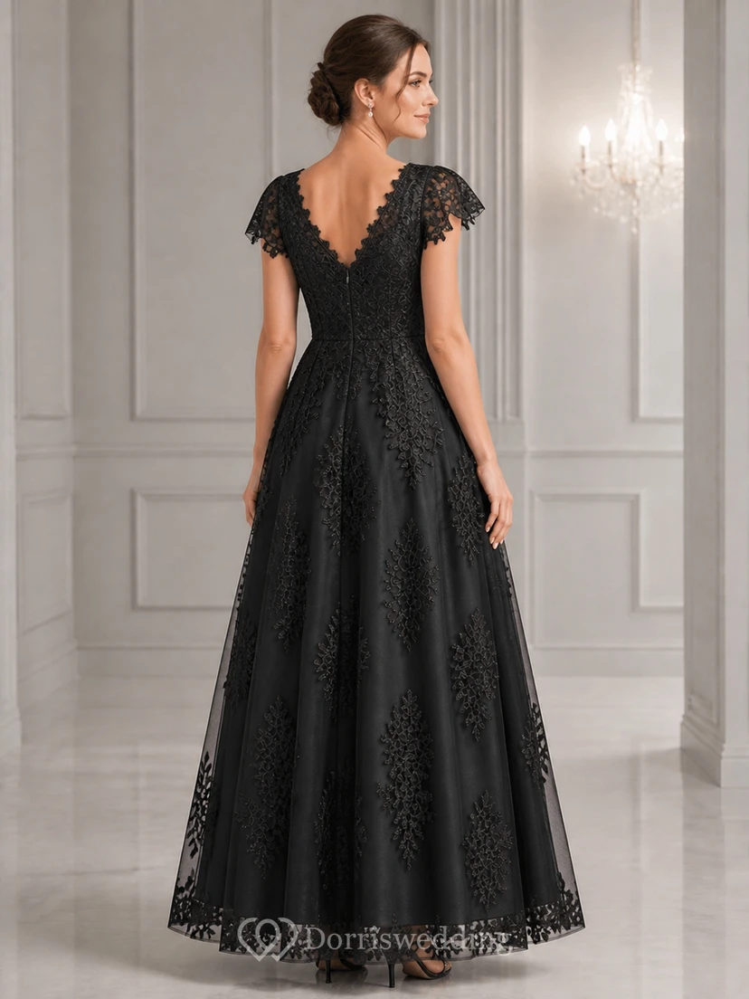 Black Vintage Luxury Lace Cap Sleeve Ball Gown Mother Dress view 2