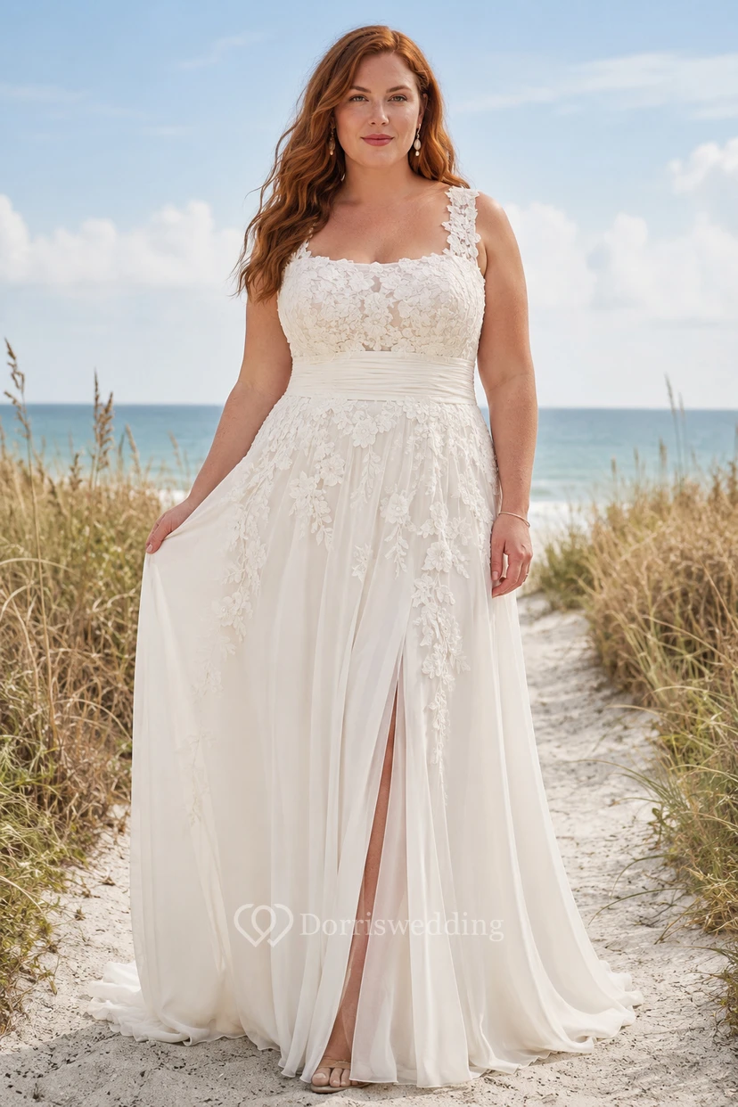 Robe de mariée grande taille à encolure carrée, corsage en dentelle, coupe trapèze et fente sur le devant