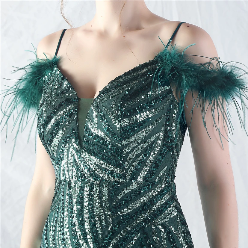 Crafted Ostrich Feather Stacked Sequins Splicing Mesh Gauze High-End Evening Dress Clothes view 29