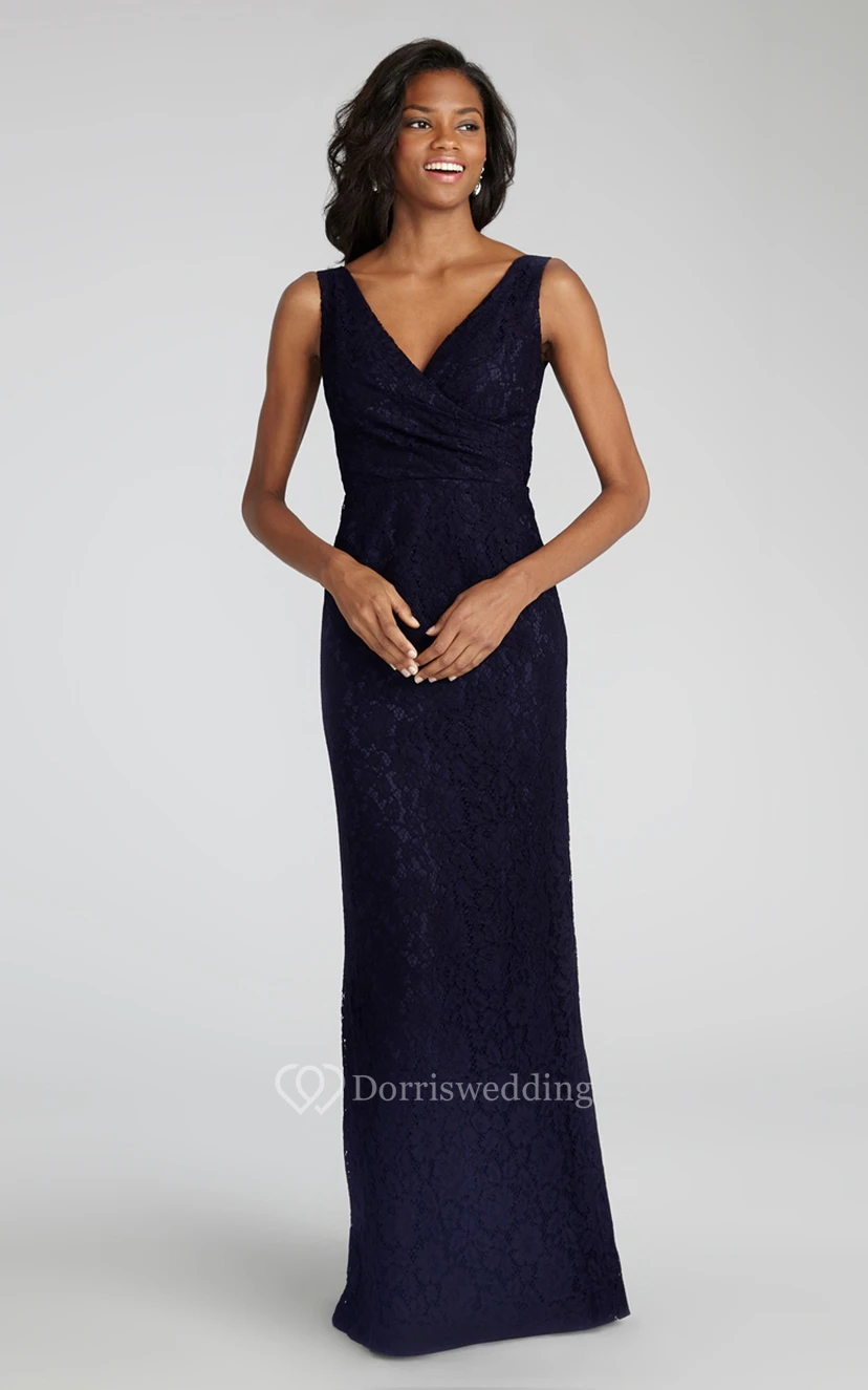Impressive Sheath Floor-length Lace Dress with V-neck and Criss Crossed Ruching  view 4