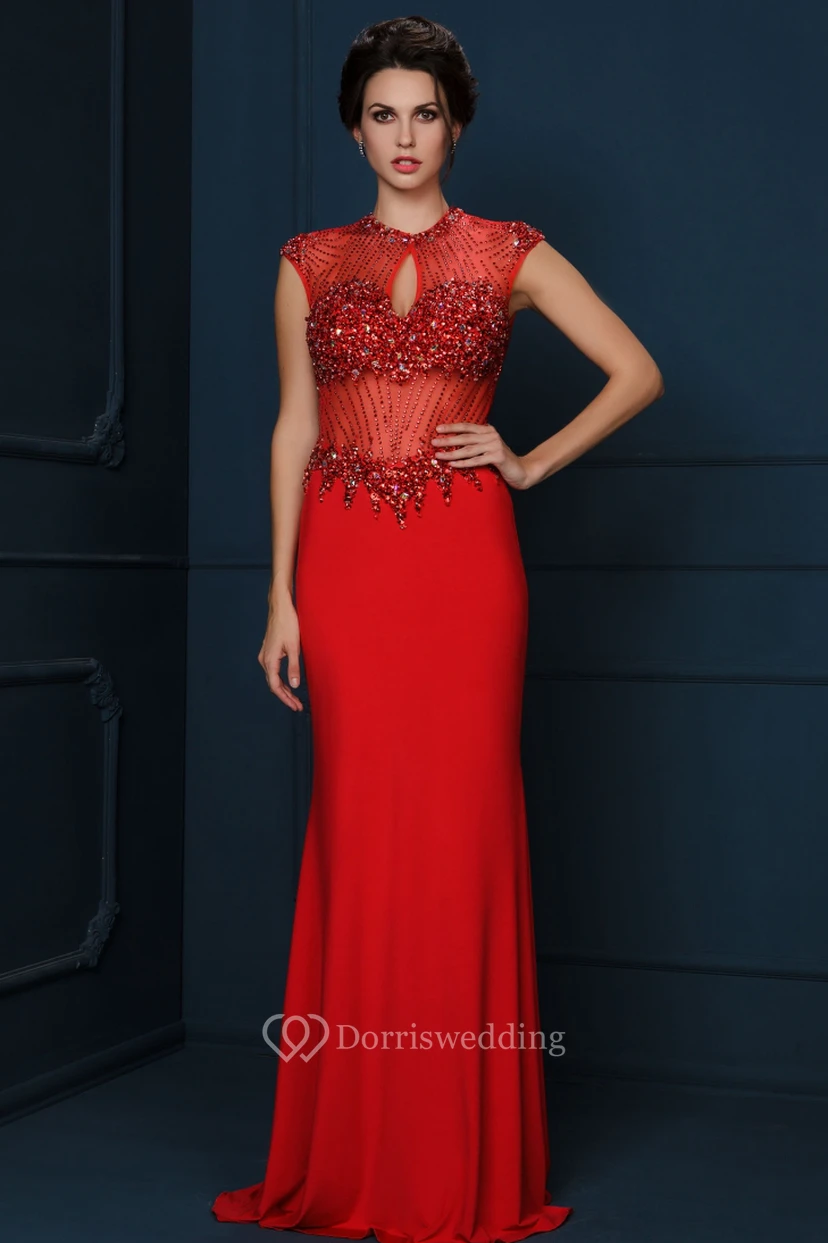 Sheath Floor-Length Crystal Cap-Sleeve Jewel-Neck Jersey Evening Dress view 3