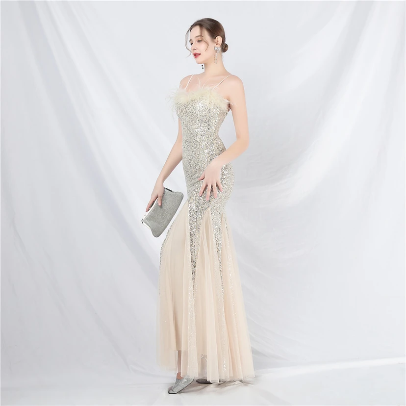 Craft Ostrich Feather Mesh Sequined Long Evening Dress view 13