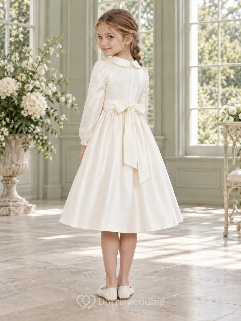 Tea-length Long Sleeve Vintage Ivory A-line Satin Collared Sashed Flower Girl Dress view 2