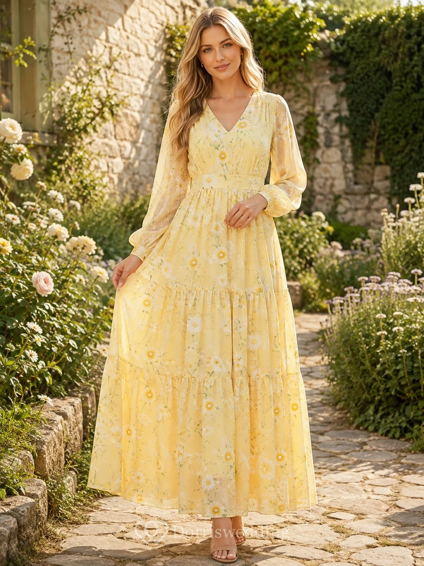 Robe longue romantique jaune à fleurs, col en V, manches bouffantes et volants, coupe trapèze, longueur au sol