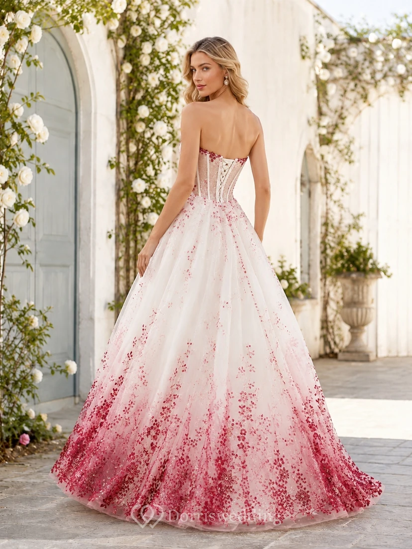 Rotes, trägerloses, bodenlanges Brautkleid mit Ombré-Effekt und Herzausschnitt aus Tüll mit Korsett view 2