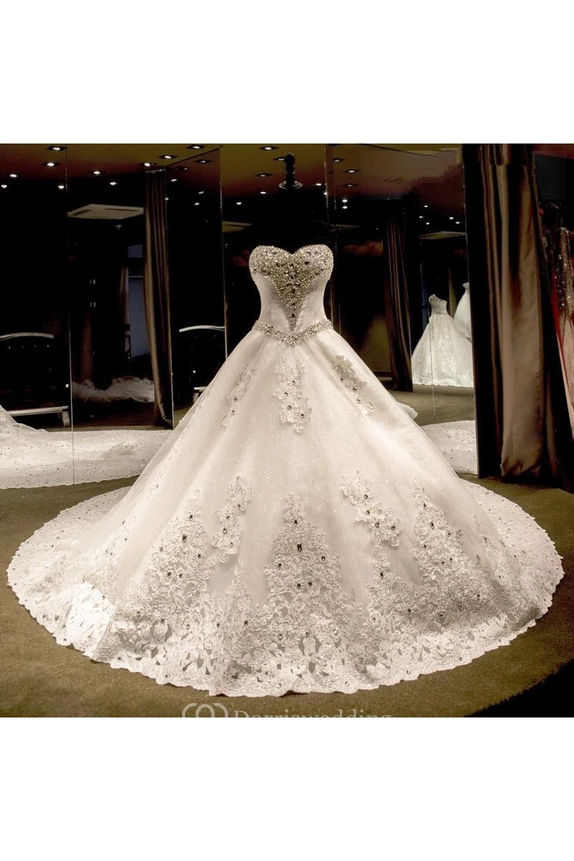 Luxurious Sweetheart Ball Gown Wedding Dress Crystal Beadings Long Train view 9
