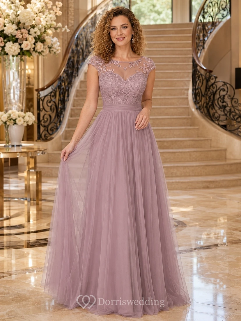 Lavender Chiffon Square Neck Short Sleeve A-Line Floor-length Formal Dress