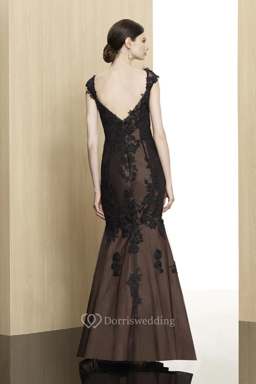 Trumpet Cap-Sleeve Long Appliqued Formal Dress With Deep-V Back view 2