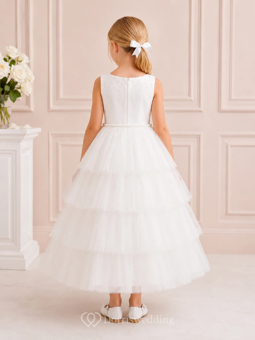 Weißes, ärmelloses, gestuftes Tüllkleid mit Rundhalsausschnitt und knöchellangem Rock – perfekt für Kommunion und Blumenmädchen view 2