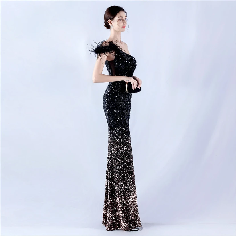 Gradient Velvet Bottom Sequins Craft Beading Ostrich Hair One-Shoulder Oblique Collar High-Slit Evening Dress view 33