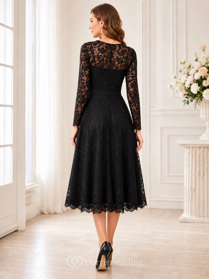 Black Lace V-Neck Long-Sleeve Classic Tea-Length Formal Dress view 2