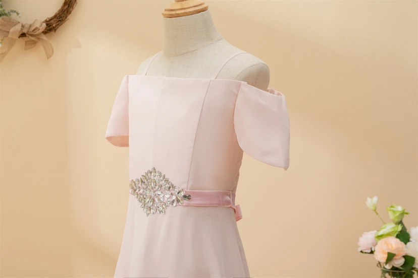 Chiffon Off-the-shoulder Spaghetti Casual Flowergirl Dress with Beaded Waist view 9
