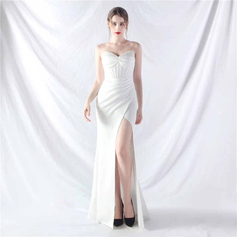 Vestido de noche de alta gama con cintura de espiga, elaborado con cuentas y forma elaborada. view 55