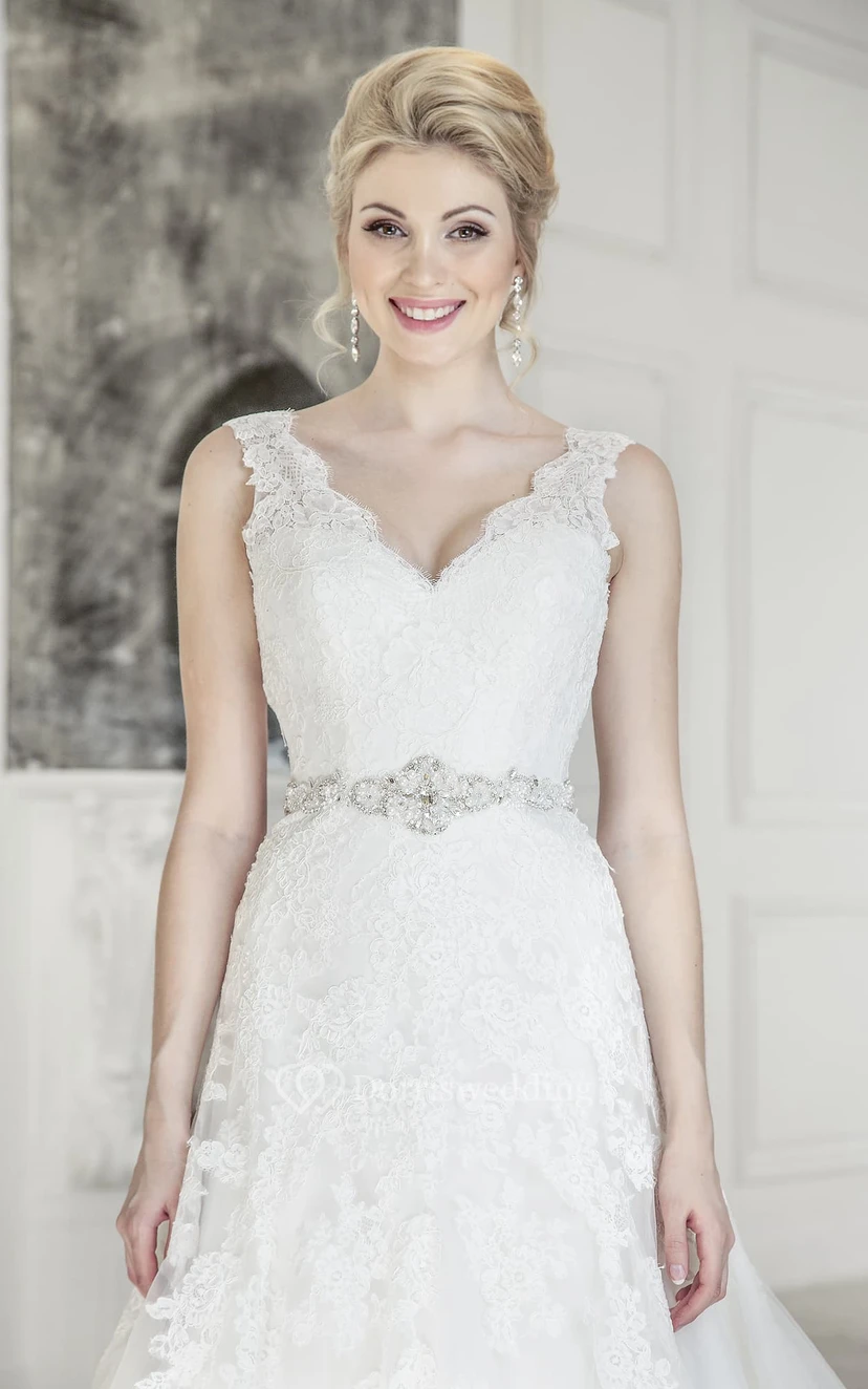 A-Line Long V-Neck Sleeveless Low-V-Back Lace Tulle Dress With Waist Jewellery view 2