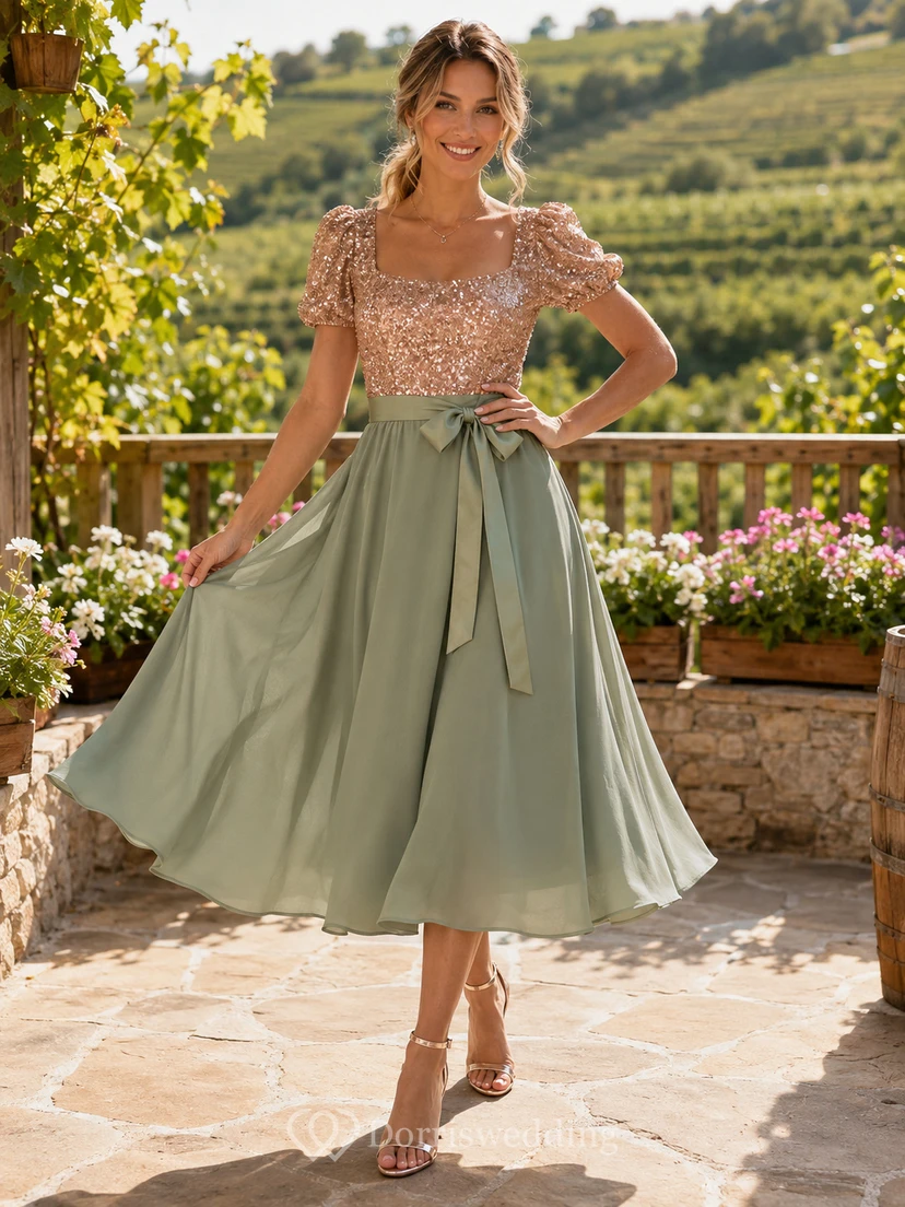 Vestido formal moderno de gasa color verde salvia con lentejuelas y corte en A hasta la rodilla