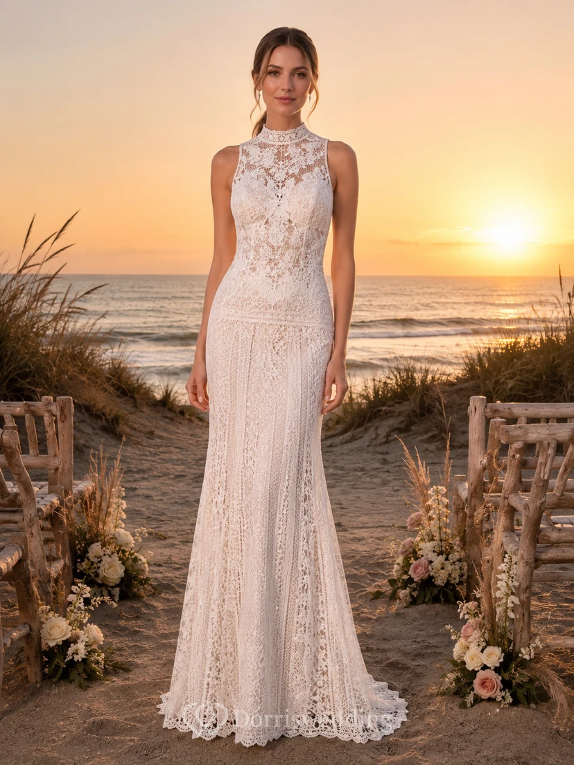 robe de mariée fourreau en dentelle sans manches à col montant pour renouvellement de vœux