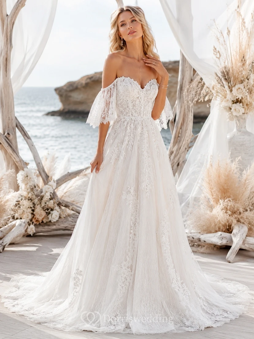 Bohemian Lace Off Shoulder Short Sleeve Sweep Train Gown