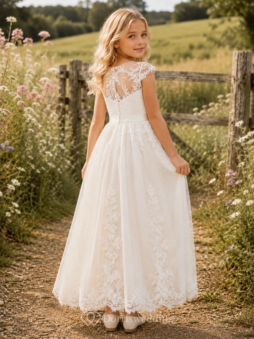 Vestido de niña de flores de tul y encaje con corte en A, mangas cortas, cuello redondo y falda a la altura de la rodilla. view 2