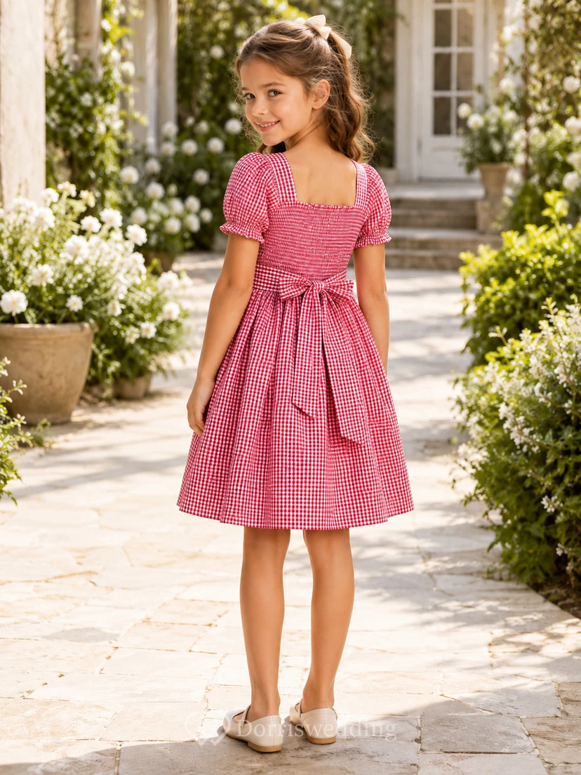 Watermelon Gingham A-Line Taffeta Flower Girl Dress, Short Sleeve Puff, Square Neck, Bow Sash, Knee-Length Garden view 2