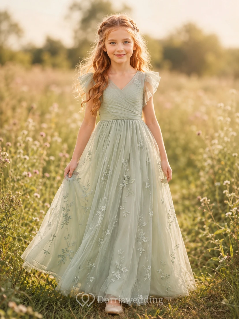 Tüll-Blumenmädchenkleid mit Puffärmeln