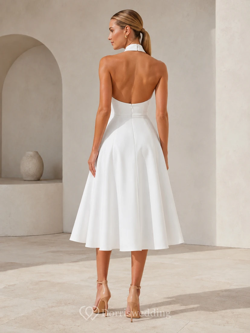 1950s Ivory A-Line Tea-length Halter Sleeveless Satin Vintage Simple Cocktail Guest Reception Dress view 2