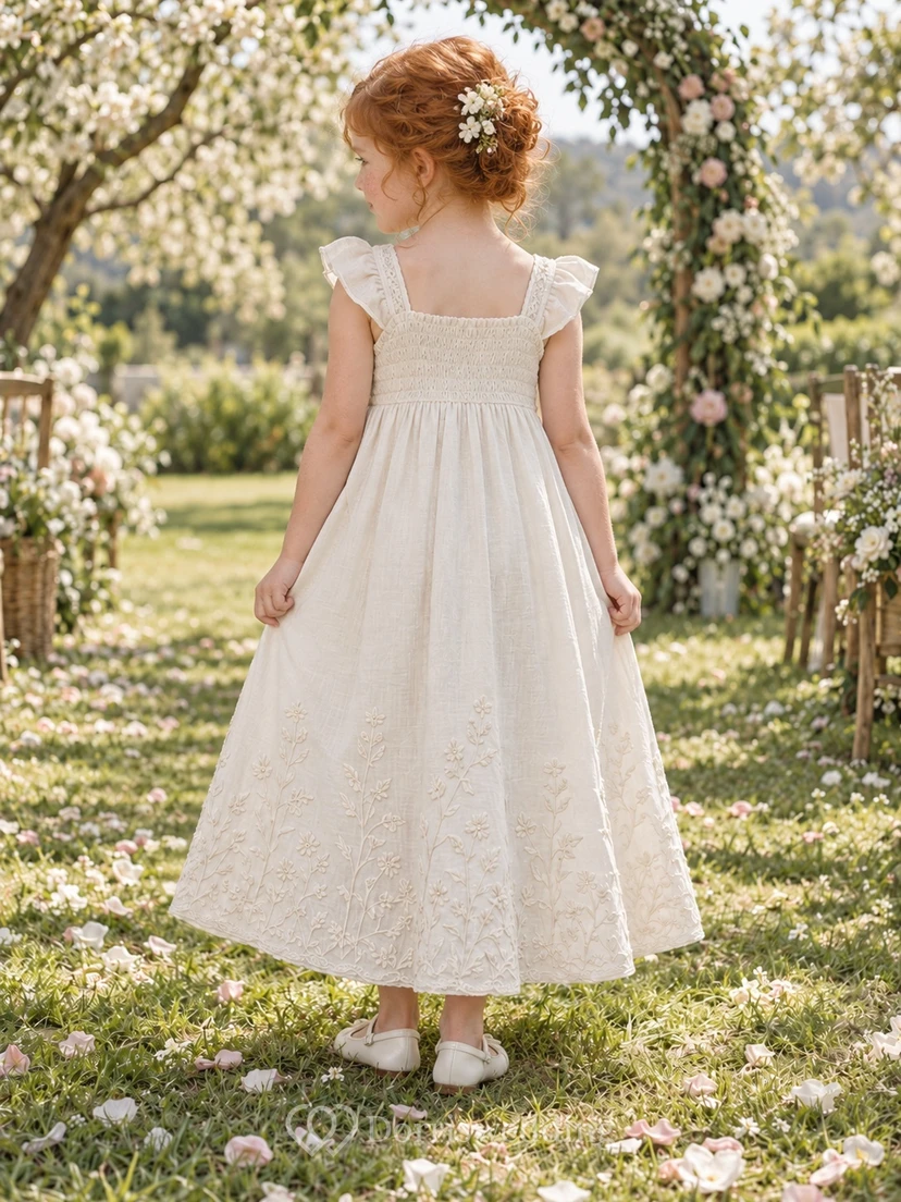 Square Neck Country Ivory A-line Lace Ankle-length Ruffle-sleeve Smocked Flower Girl Dress view 2
