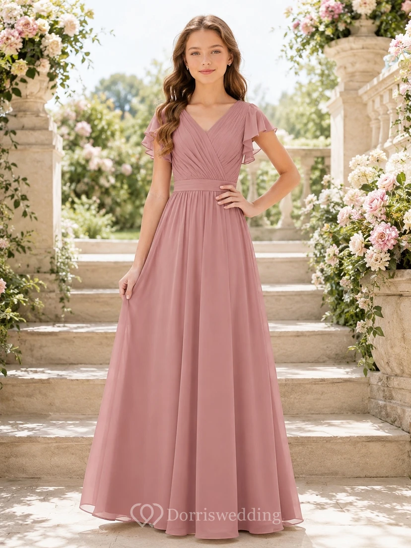 Elegantes Brautjungfernkleid in Altrosa, A-Linie, V-Ausschnitt, kurze Ärmel, plissiert