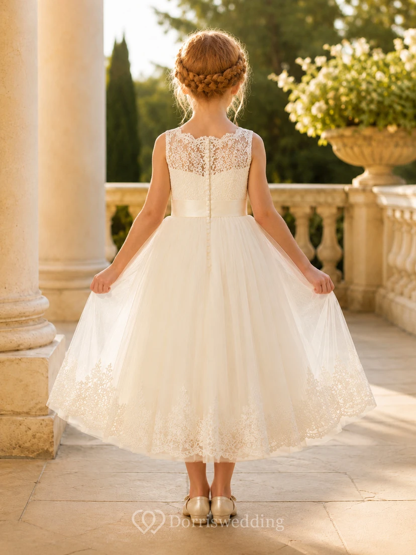 Robe de demoiselle d'honneur en dentelle ivoire et tulle, coupe trapèze, col rond, longueur midi, détail nœud. view 2
