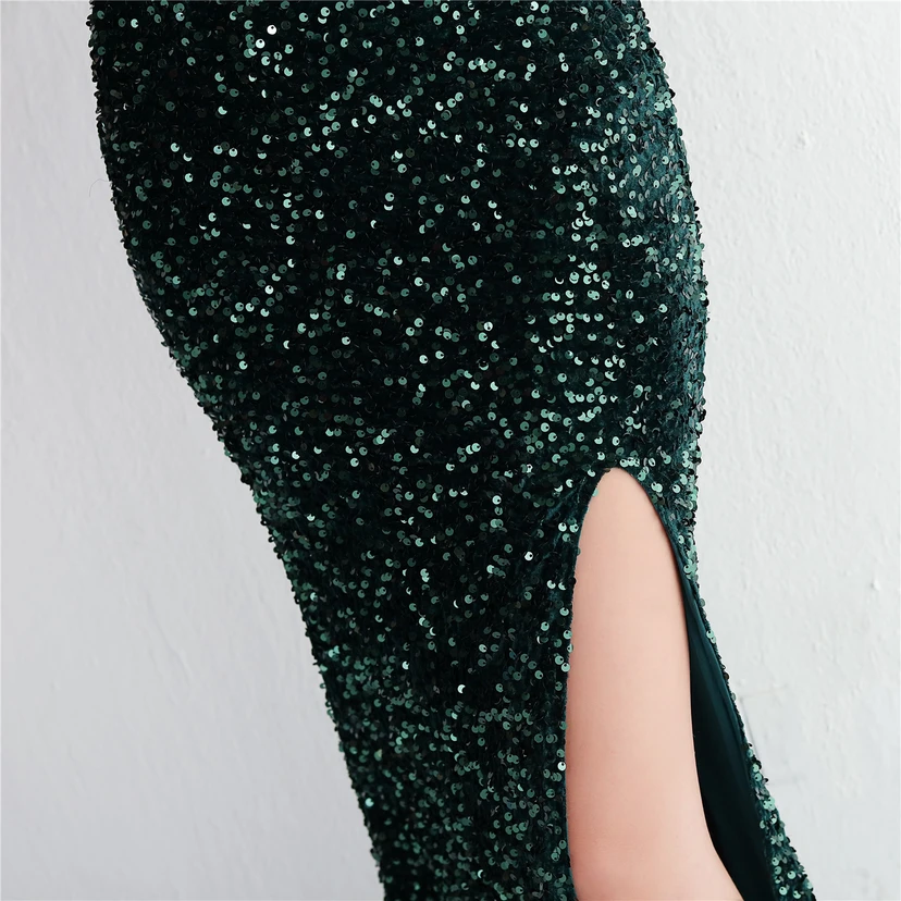 Paillettenbesetztes Abendkleid mit Samtsaum, langen Trägern und schmaler Silhouette für elegante Bankette view 16