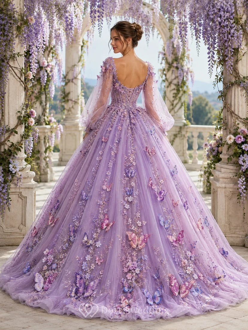 Vestido de quinceañera estilo princesa con cola y mangas abullonadas largas, estilo jardín de mariposas lilas view 2