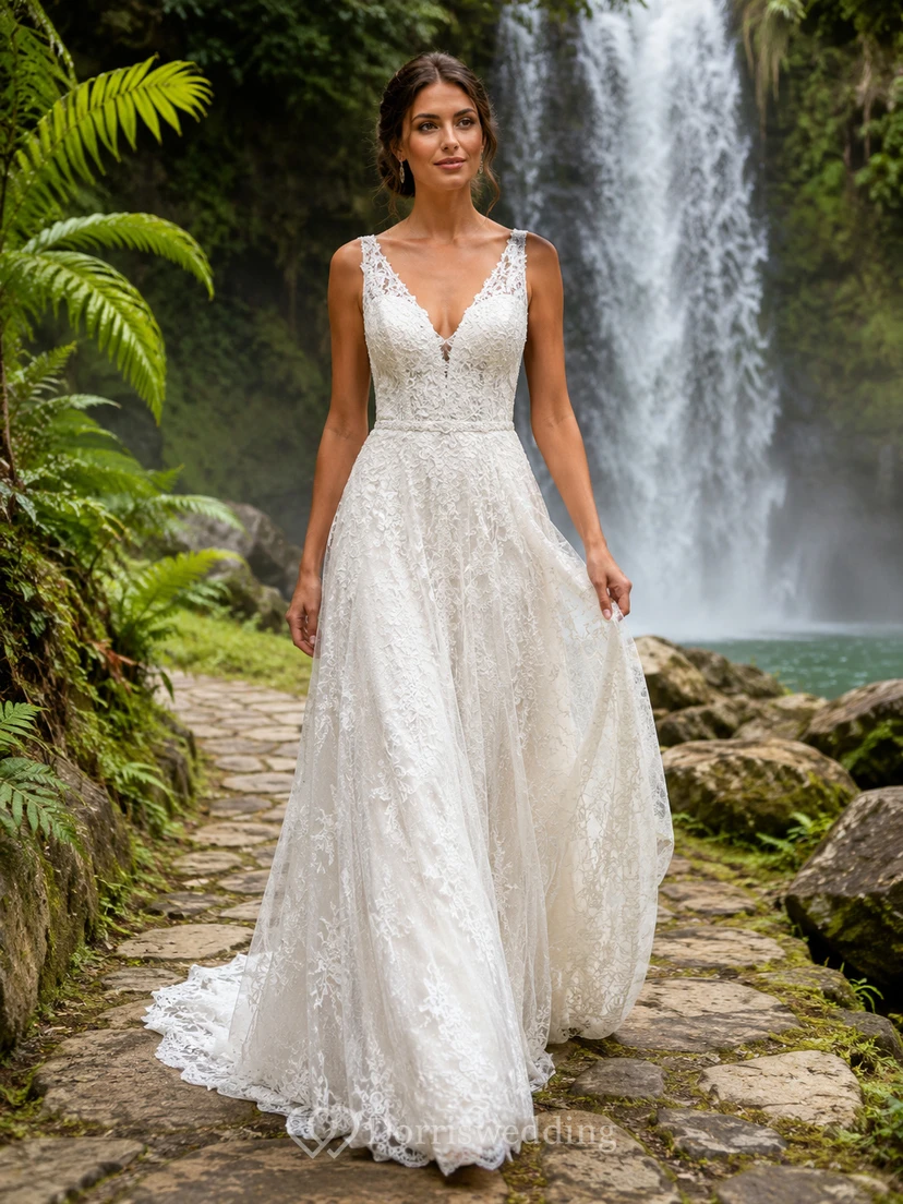 Robe de mariée de destination en dentelle intégrale, décolleté en V profond, coupe trapèze, traîne, coupe trapèze, avec traîne.