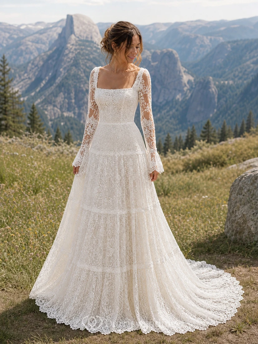 Vintage Boho Lace Wedding Dress with Square Neckline, Long Sleeves & Tiered A-Line Skirt view 9
