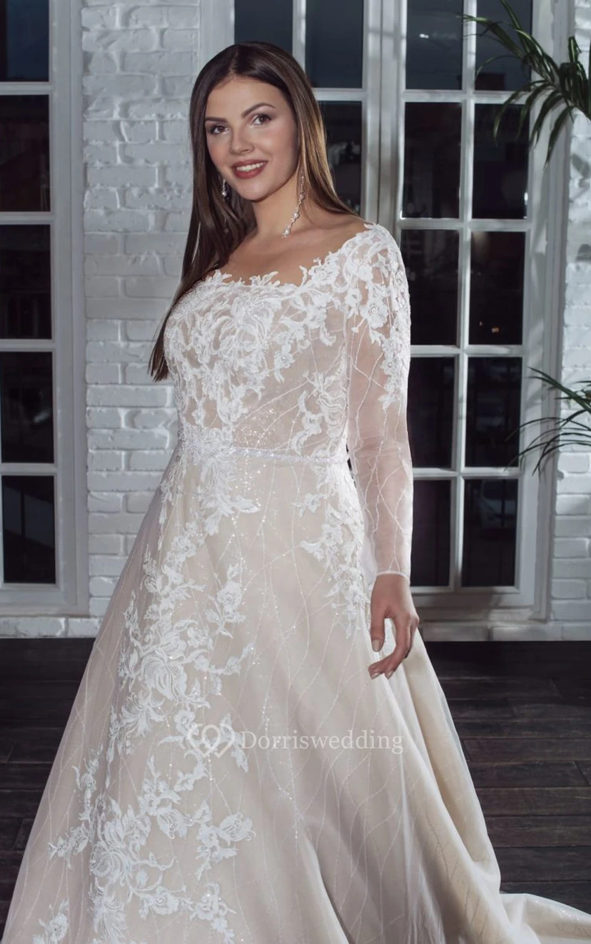 Champagnerfarbenes, langärmeliges Brautkleid in A-Linie mit Illusion-Spitzenapplikationen in Übergröße view 3