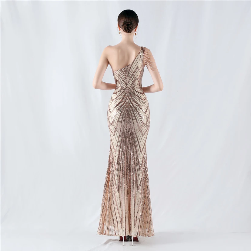 Positioning Flower Beaded Craft Beaded One-Shoulder Oblique Collar High Slit Evening Dress view 52