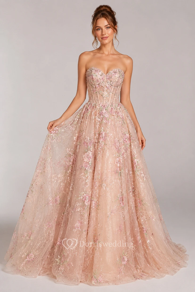 Blushing Pink Glitter Ball Gown with Strapless Applique Bodice