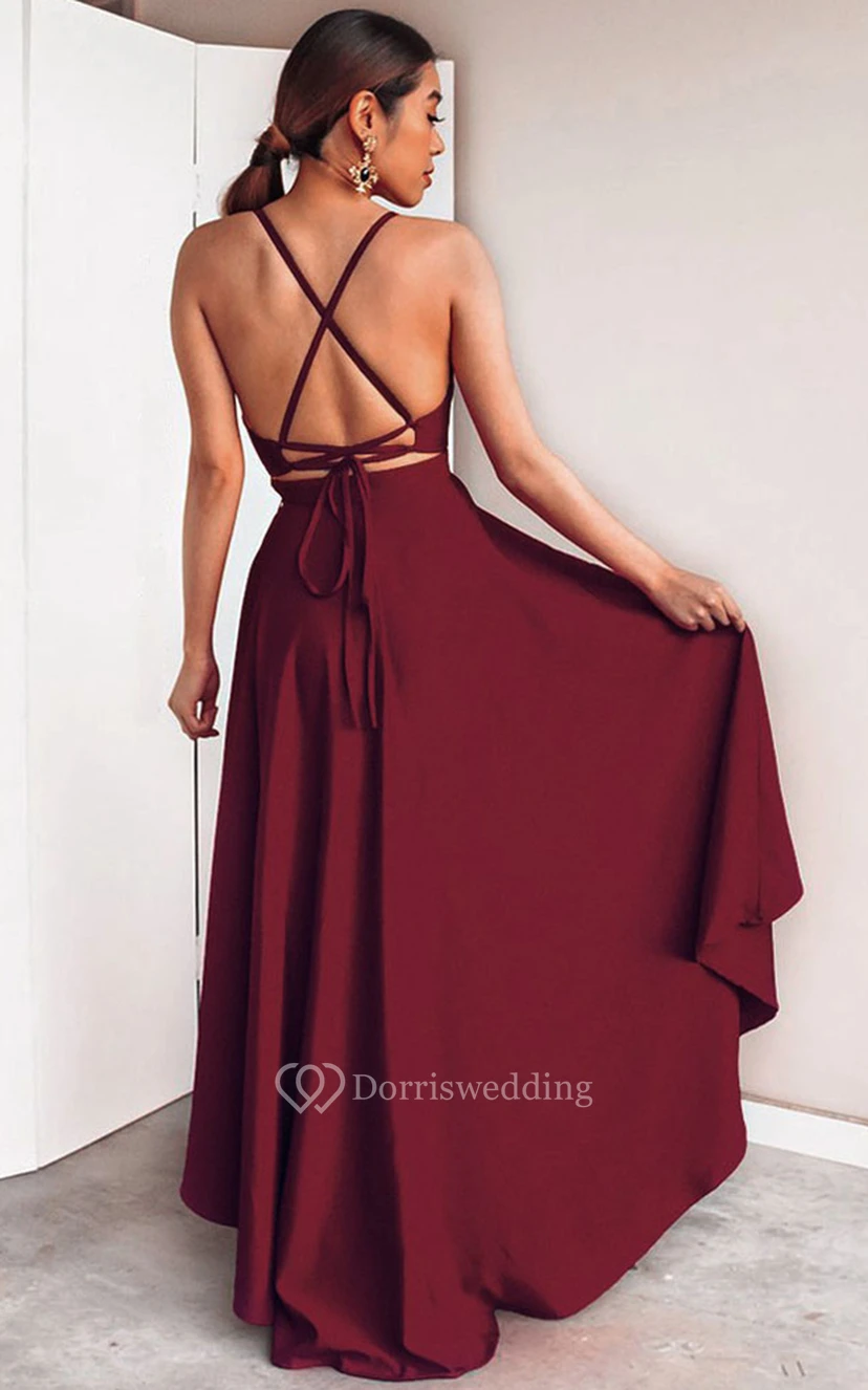 High-Low Sexy A Line Plunging Neck Evening Dress view 2