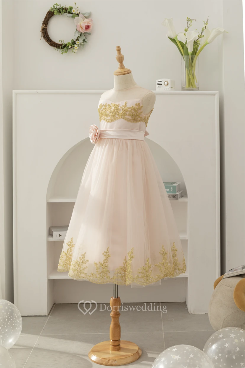Jewel-neck Two-Tone Applique A-line Tulle Empire Flowergirl Dress view 3