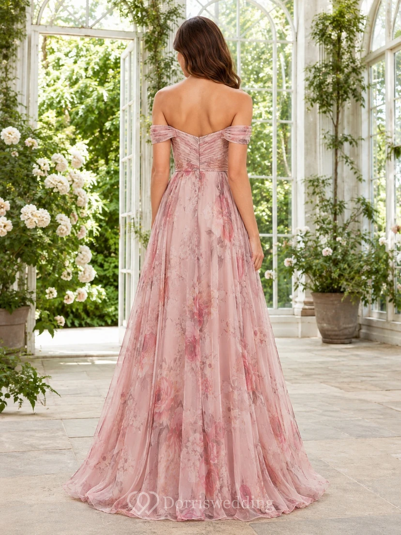 Blushing Pink Floral Off-Shoulder Sweetheart Chiffon A-Line Floor-Length Romantic Gown view 2