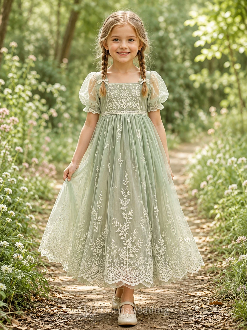 Flower Girl Dress Sage Lace Tulle A-Line Puff Sleeve Square Neck Tea Length Applique