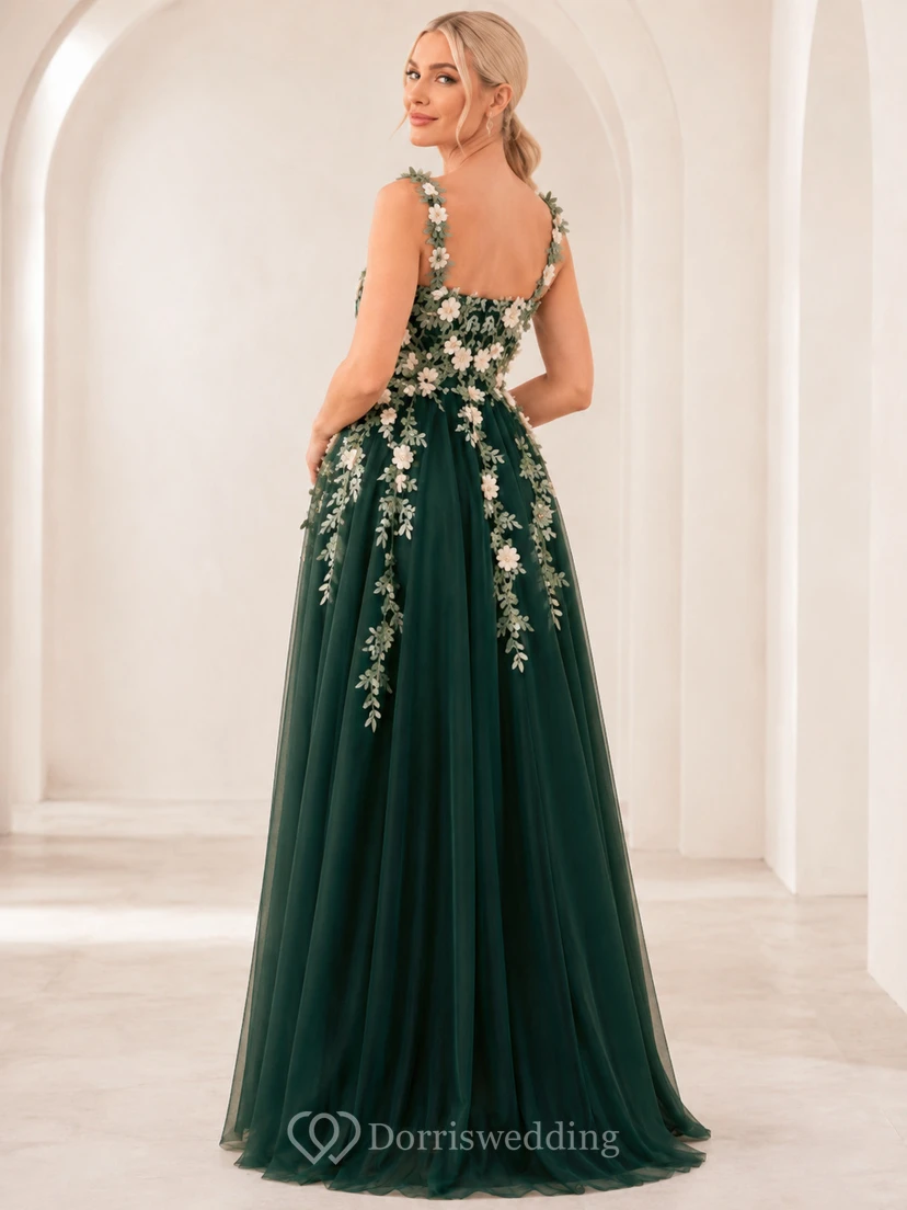 Vestido formal de lujo de tul con apliques florales y escote cuadrado, color verde oscuro, ideal para embarazadas. view 2