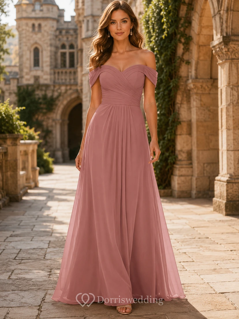 Grand Estate Formal Dusty Rose Romantic Elegant A-Line Chiffon Bridesmaid Dress with Off Shoulder Sweetheart Short Sleeve Floor-Length Low Back