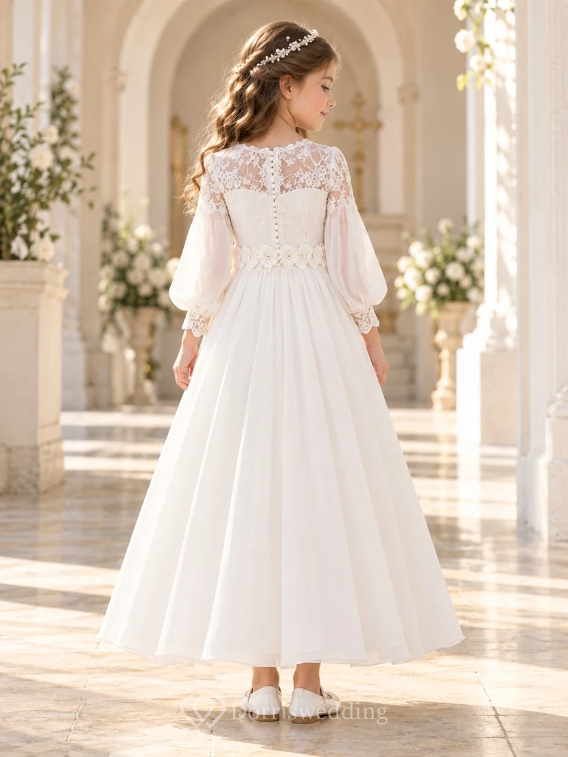 Long Sleeve Ivory Floral Lace Waist Bishop Communion Occasion Dress view 2