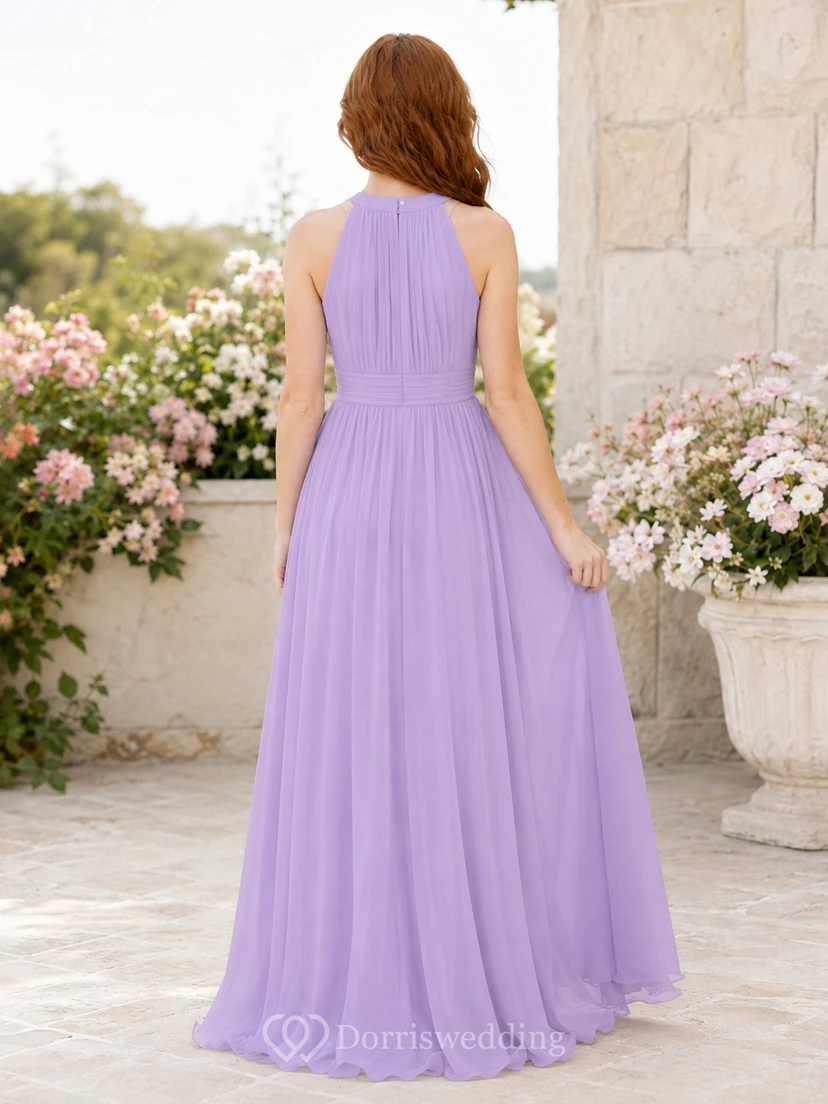 Lavendelfarbenes Brautjungfernkleid für junge Damen, A-Linie, hoher Kragen, ärmellos, Chiffon, plissiert, dezent view 2