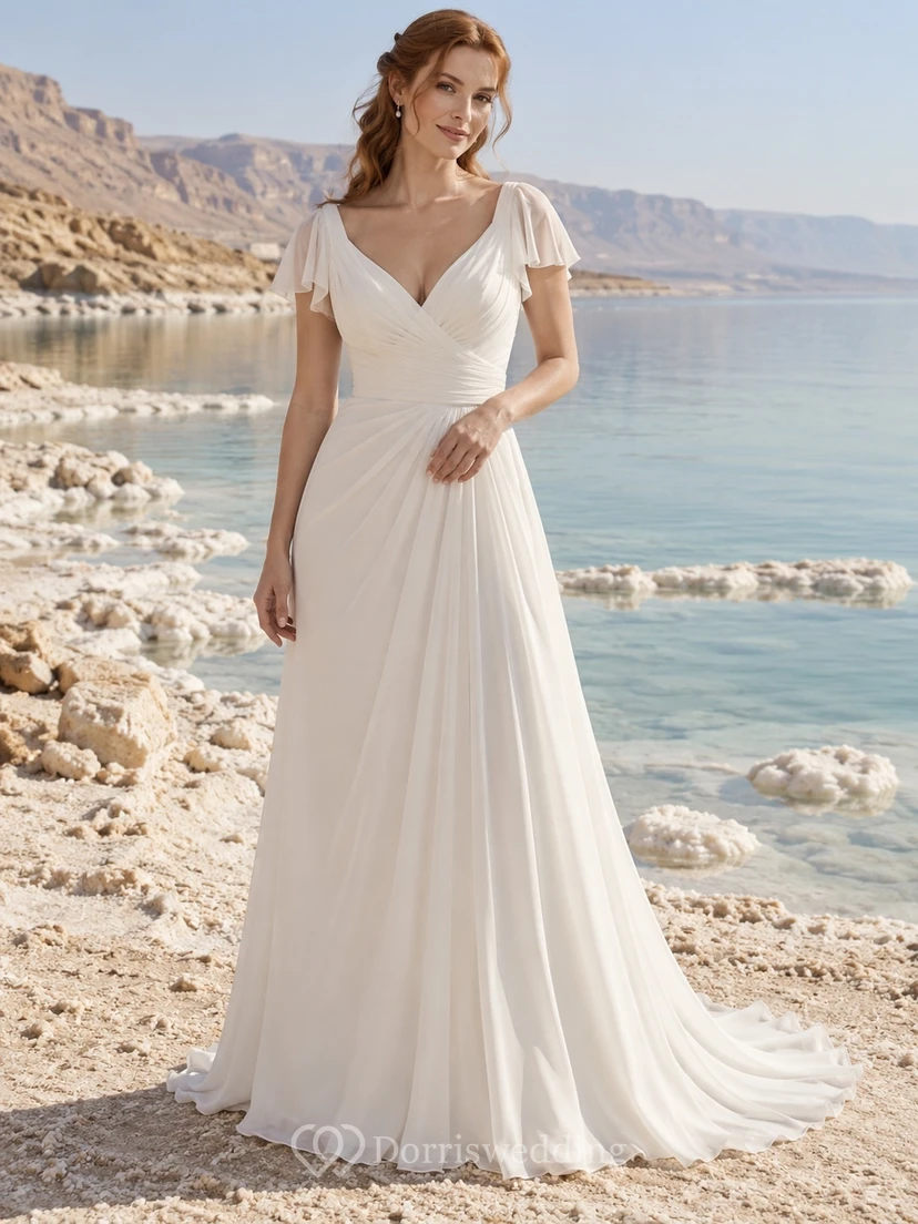 Einfaches Brautkleid aus Chiffon mit V-Ausschnitt, kurzen Ärmeln und A-Linien-Schnitt sowie drapierter Taille