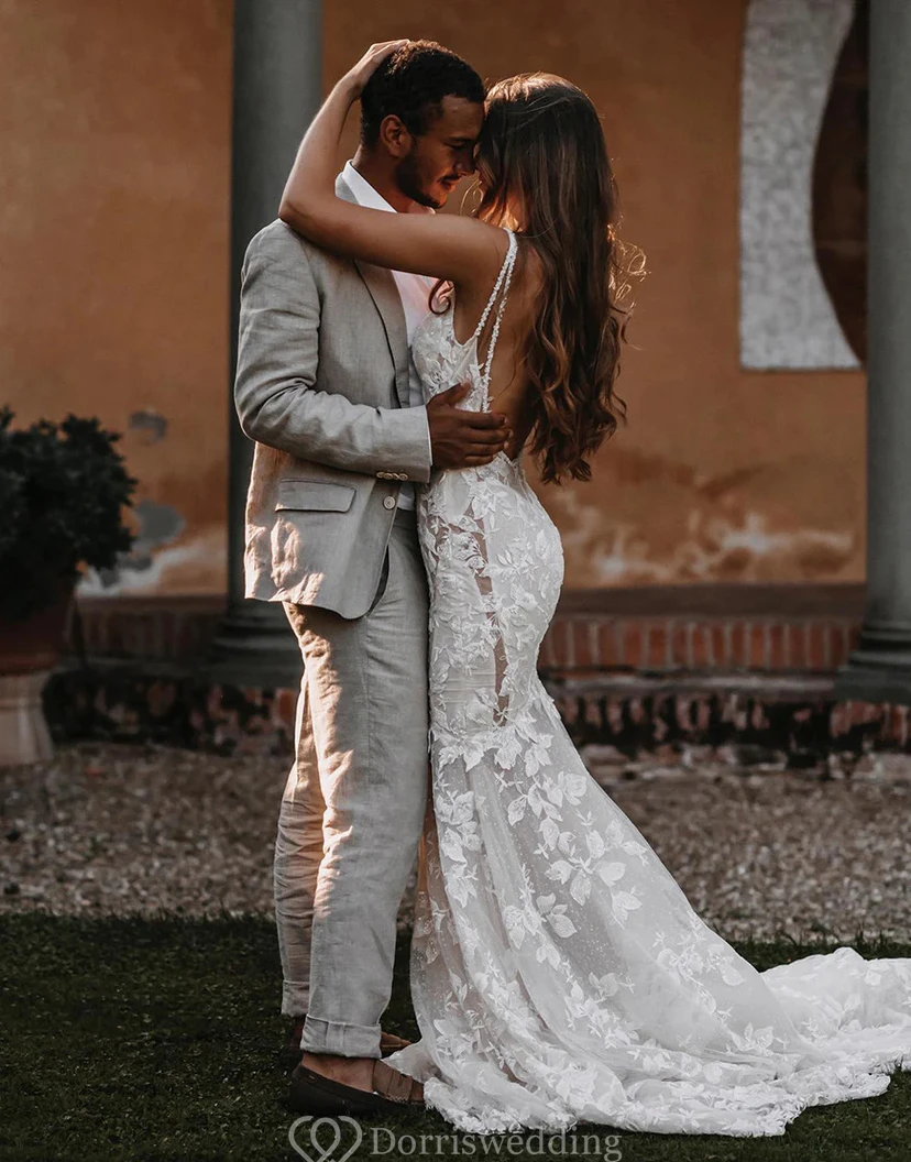 Luxuriöses Meerjungfrauenkleid aus floraler Spitze mit Perlenverzierungen view 3